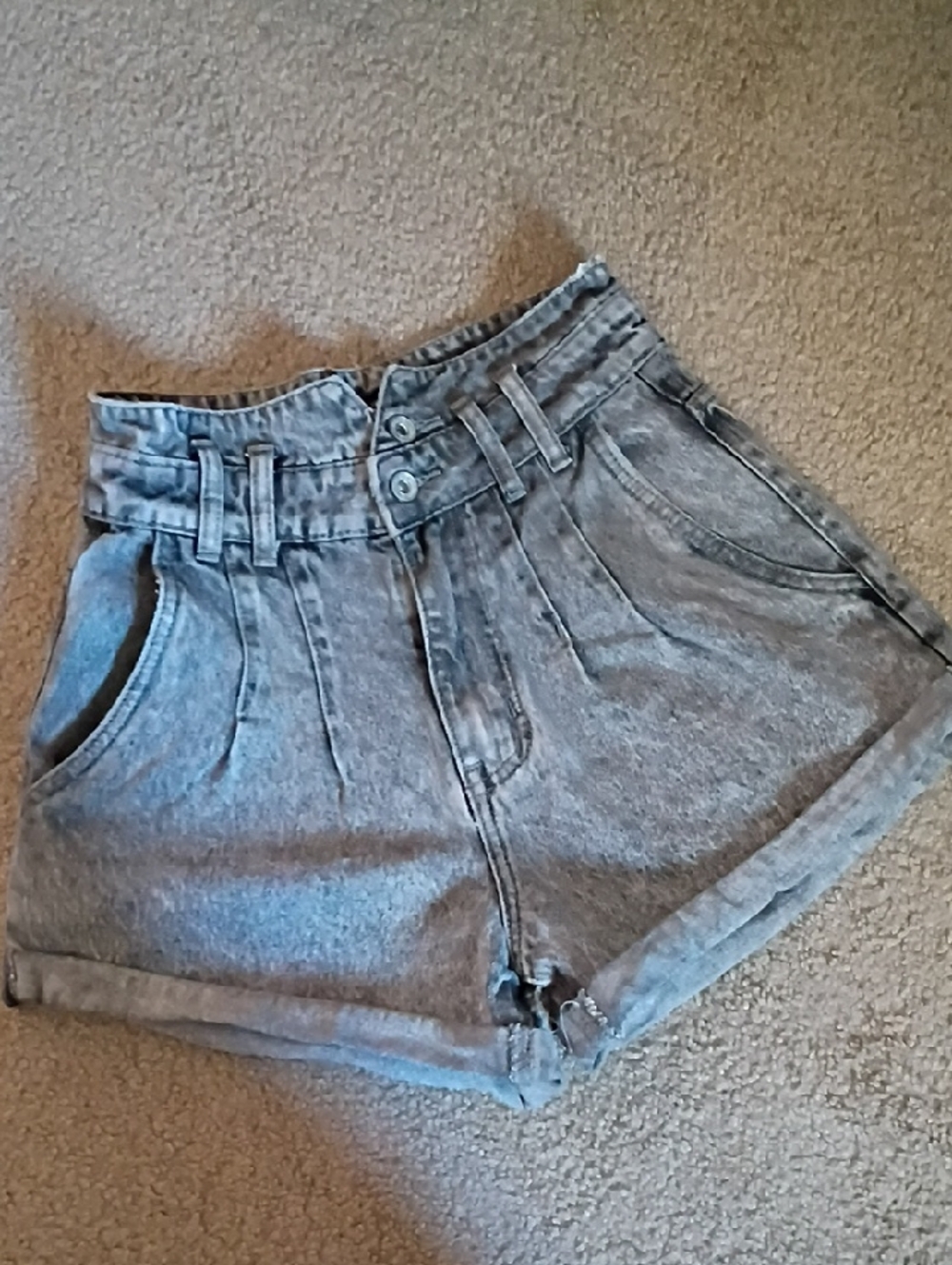 Elan High-Waist Washed Gray Paperbag Denim Shorts